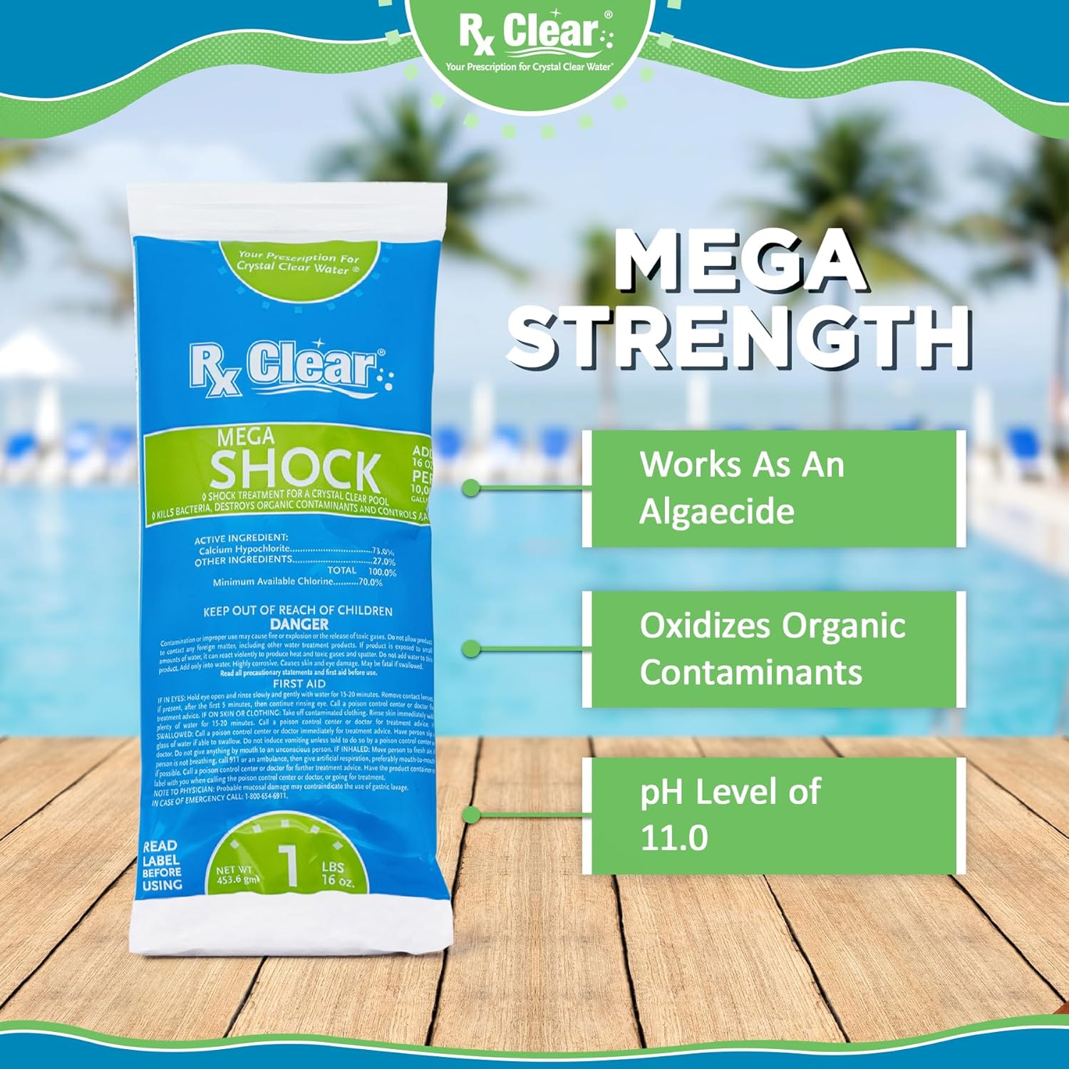 Rx Clear Mega Shock - 73% Calcium Hypochlorite Pool Sanitizer & Algaecide | 1 lb Bag