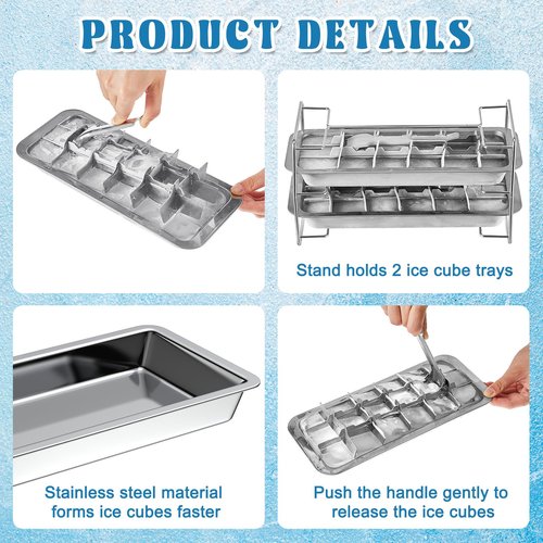 4 Pack Stainless Steel Ice Cube Tray Easy Release Handle Stand Durable Metal Ice Cube Trays for Bars Kitchens Dishwasher Whiskey 72 Large Slots for Easy Removal and Cleaning