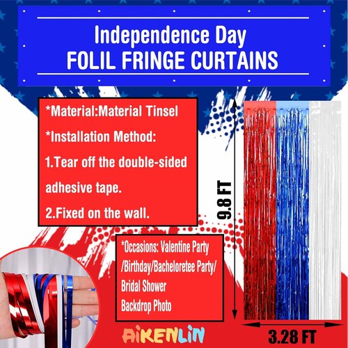 Foil Fringe Curtain Backdrop by [Brand Name] - 4 Pack 3.2Ft x 9.8Ft Red, Blue & White Metallic Streamers for Parties