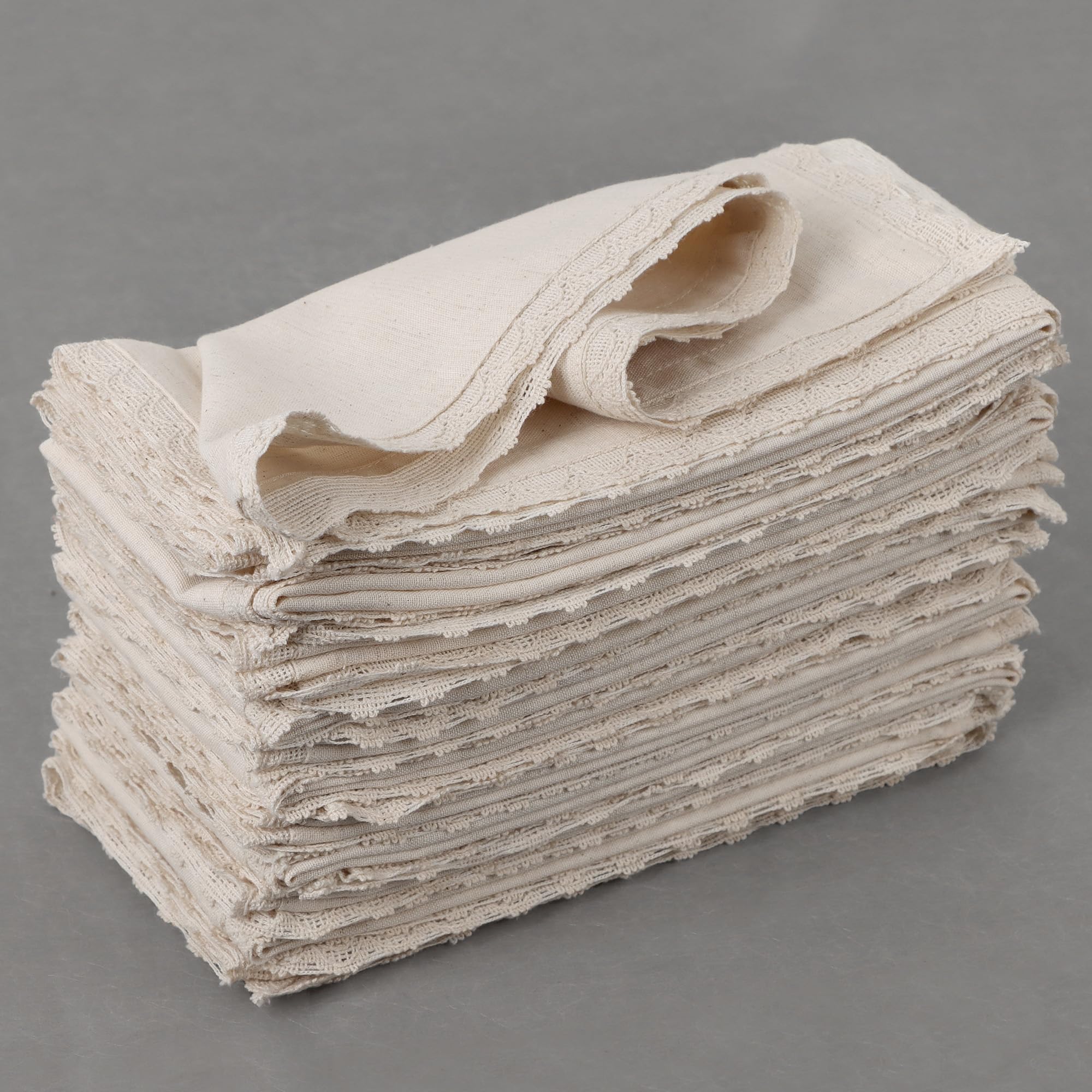 Set of 12 Linen Flax Cotton Cloth Dinner Napkin Washable 18x18 with Lace in Natural Mitered Corners- Ideal for Wedding, Spring, Easter Dinner, Parties and Table Decorations Ivory lace