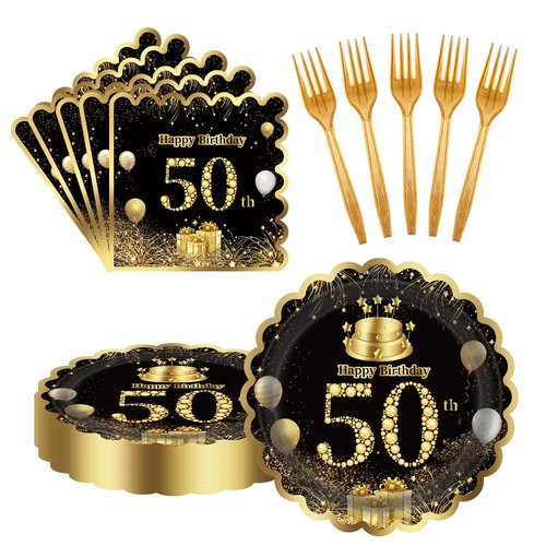 60 Pcs 50th Birthday Decorations Black gold Paper Plates and Napkins Forks Party Tableware for Men Women Birthday Party Decorations,Serve 20