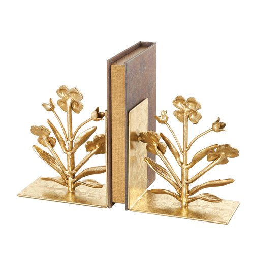 Deco 79 Metal Floral Decorative Bookends Non Skid Bookends with Shimmer Details, Set of 2 Office Bookends6 W, 7" H, Gold