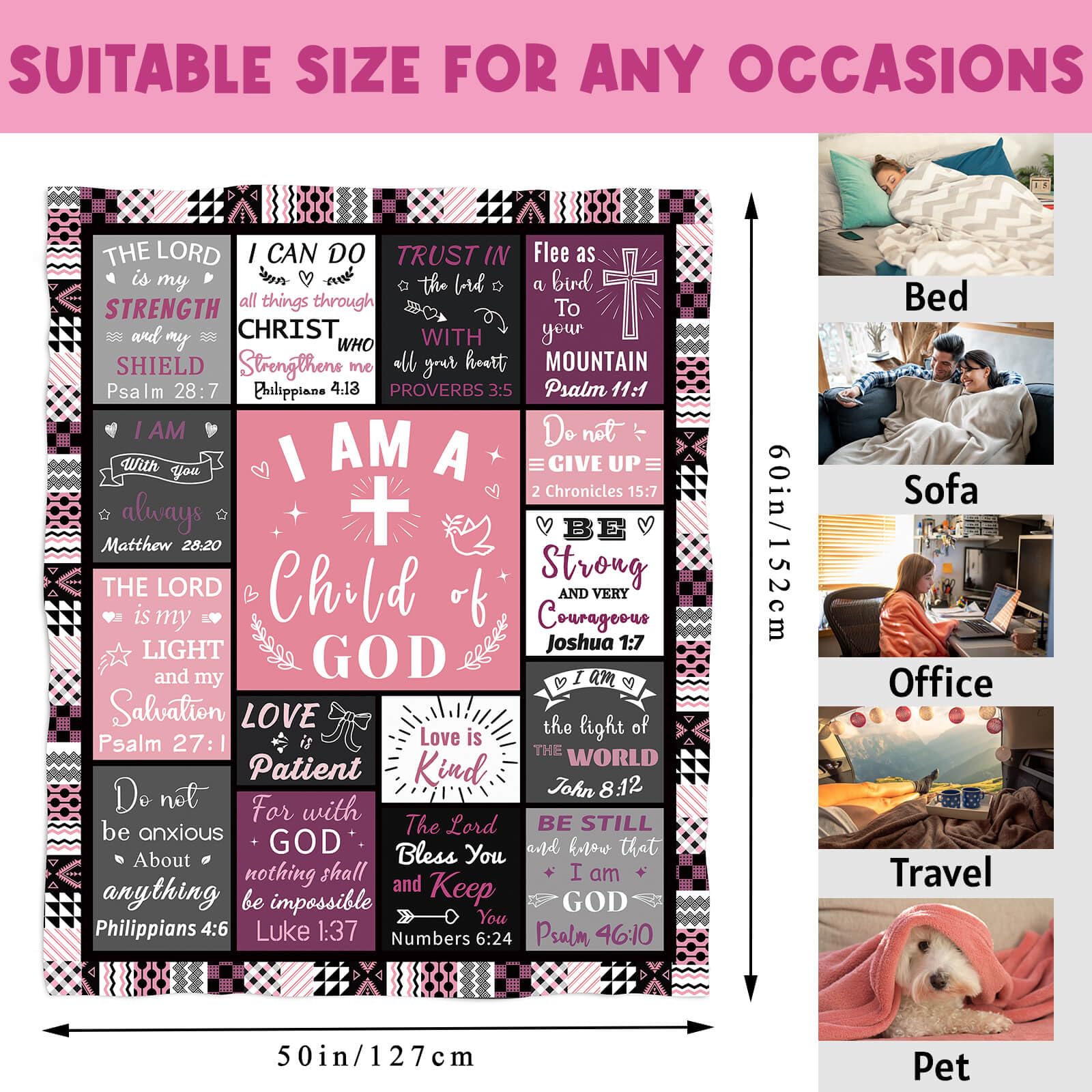 Christian Gifts for Women Blanket, Inspirational Religious Birthday Gifts, Baptism Confirmation Gifts for Girls, I Am a Child of God Blankets, Bible Verse Blanket 60"x50"