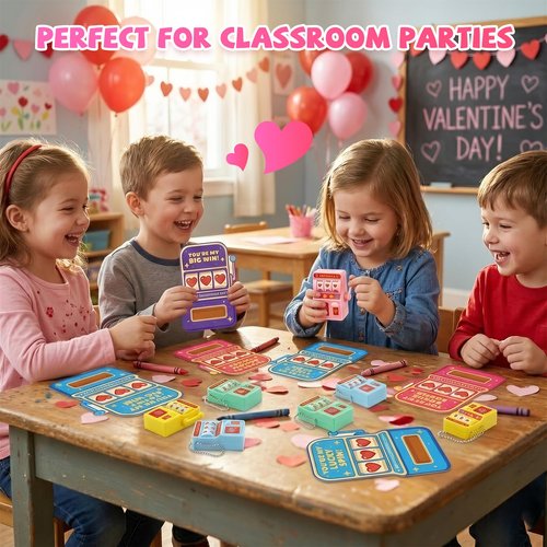 Gocozer Valentines Day Cards for Kids School – 28 Pack Mini Slot Machine Toys with Valentines Greeting Cards, Classroom Exchange Valentines Gifts, Bulk Set for School Valentines Party