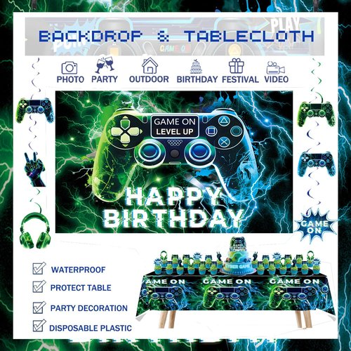 Video Game Party Decorations Set – Gamer Birthday Supplies with Backdrop, Table Cover, Hanging Swirls, Cake Toppers, Foil Balloons for Boys & Kids