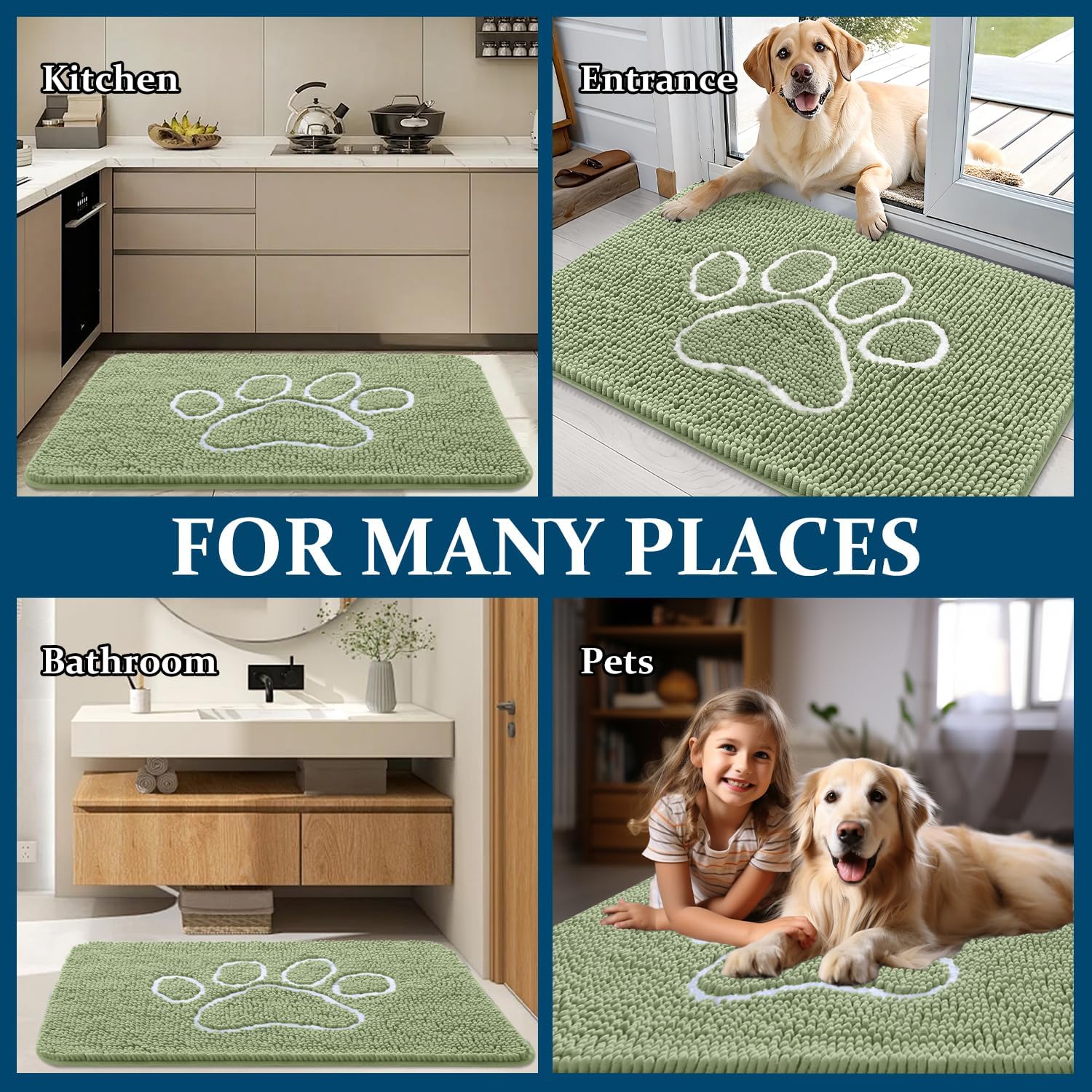 OLANLY Dog Door Mat - Absorbent Muddy Paws Doormat | Non-Slip Chenille Design, 30x20, Sage Green