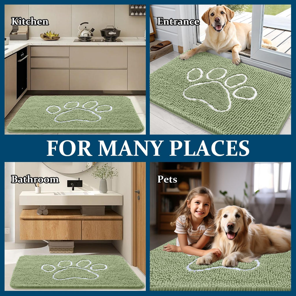 OLANLY Dog Door Mat - Absorbent Muddy Paws Doormat | Non-Slip Chenille, 47x32, Sage Green