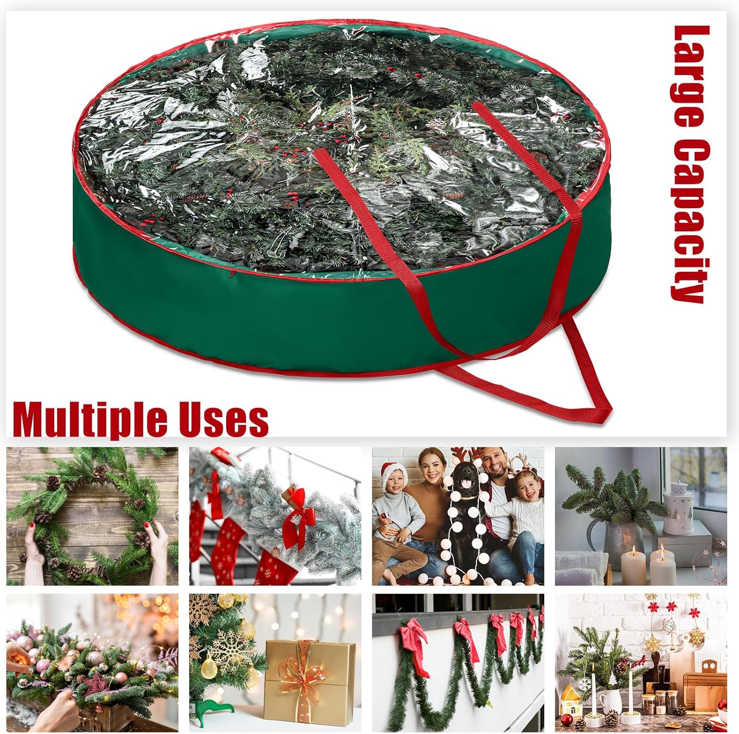 Abbylike Extra Large Christmas Wreath Storage Bag - Clear Zippered Container with Handles | 48'' Green