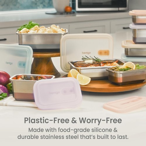 Bentgo MicroSteel Heat & Eat Container – Microwave-Safe, Leak-Proof & Airtight, Easy-to-Clean Lightweight Stainless Steel Reusable Food Storage with Silicone Lid (Lunch Size; 3-Cup Capacity; Dusk)