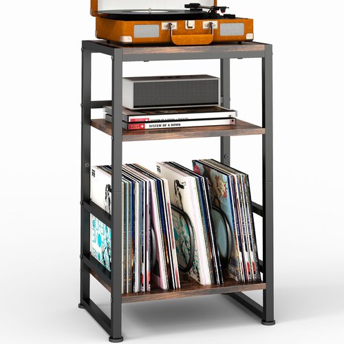ZEXVIDA 3-Tier Vinyl Record Player Stand, End Table for Album Storage, 28" H Record Player Stand with Storage Up to 120 Albums, Side Table for Living Room Bedroom (Rustic Brown)
