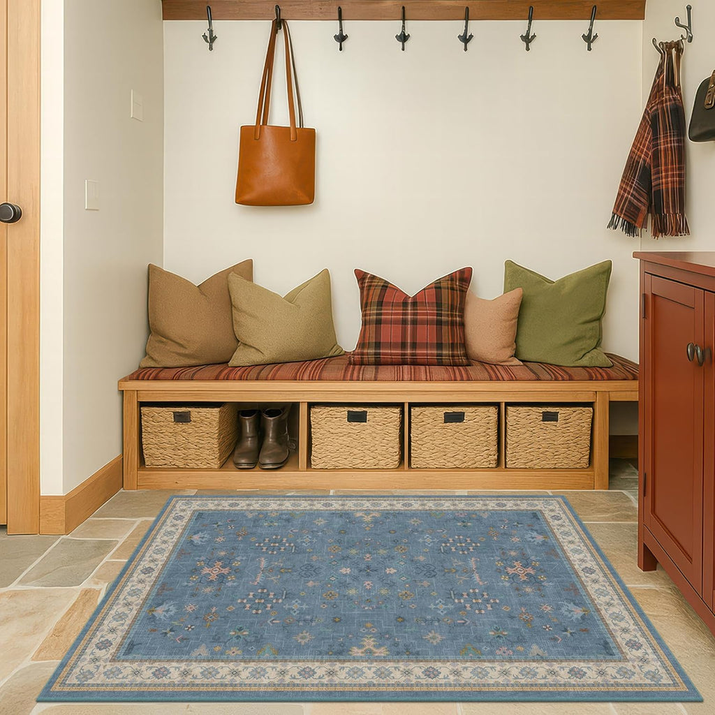 Washable Blue Rugs - 3x4 Indoor Throw Rug for Kitchen, Bedroom, Bathroom | Non-Slip, Fade-Resistant Design