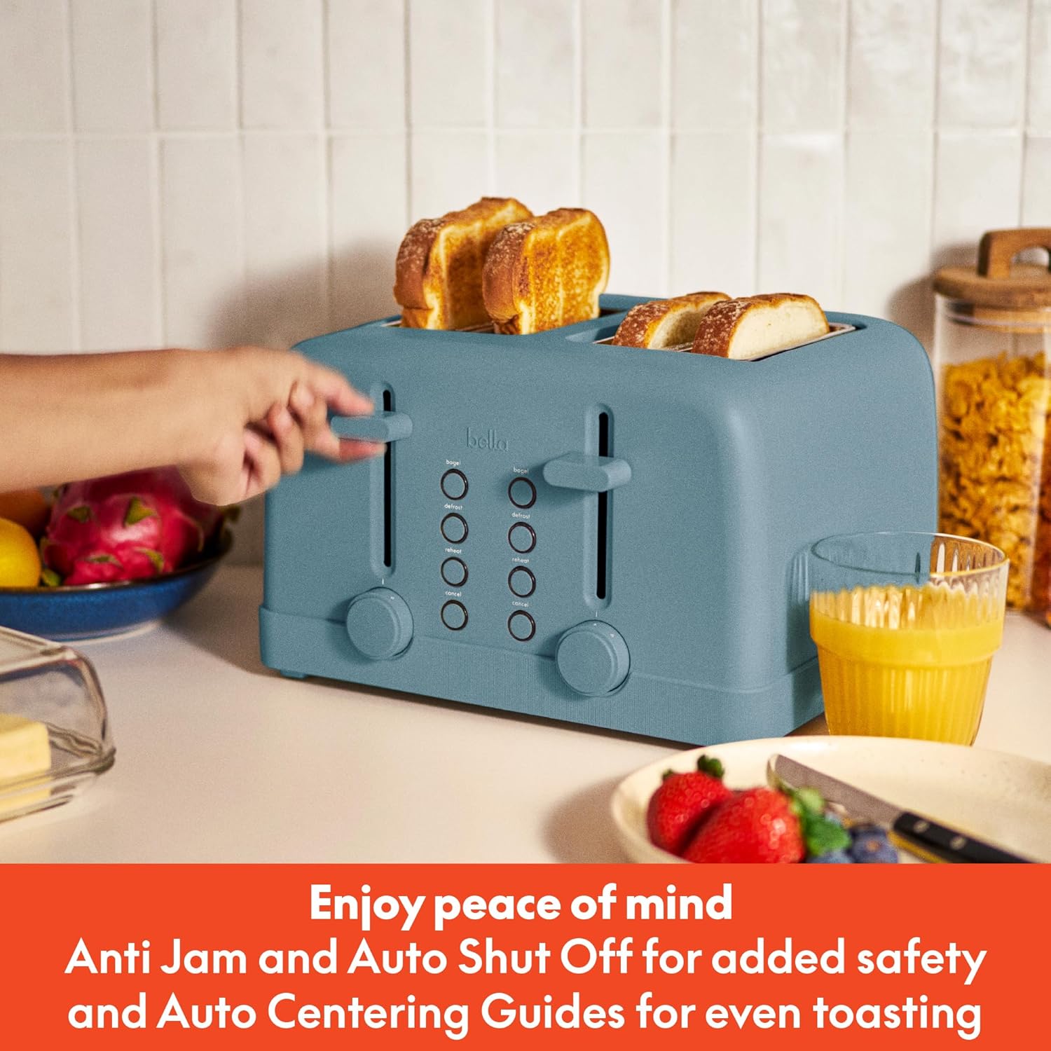 Bella 4 Slice Toaster - 6 Shade Settings with Reheat & Cancel | Removable Crumb Tray, 900 Watts, Surf Color