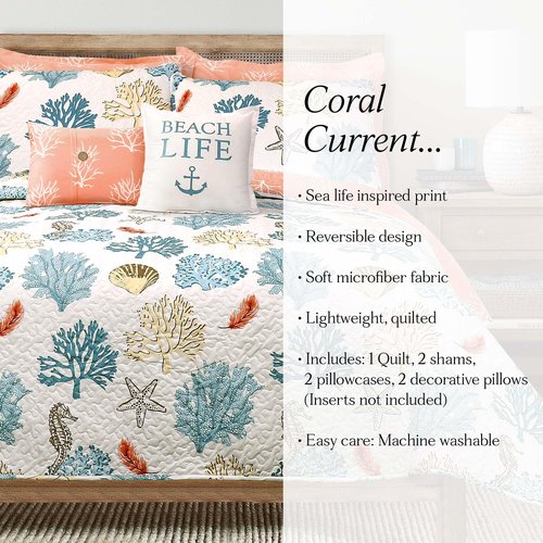 Lush Decor Coastal Reef Feather Reversible Quilt Set, 7 Piece Set Full/ Queen Blue & Coral - Queen Bedding Set Quilted - Coastal Decor - Beach House - Beachy Room