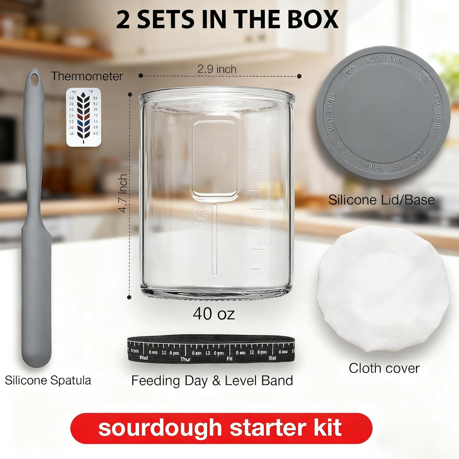 Skiennix Premium Pro Sourdough Starter Jar Kit - 40oz Wide Mouth Glass Container with Thermometer & Silicone Lid