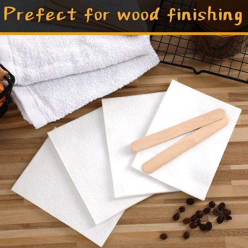Oudain 27 Pieces Wood Wax Applicator, Includes 15 White Non-Woven Pads 2 Terry Cloth Buffing Towels and 10 Stirring Sticks for Polishing Cutting Board and Multi Purpose Use in Home