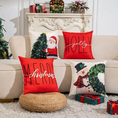 Hongsome Christmas Throw Pillow Covers - Set of 4 Decorative Snowman & Santa Cases | 18x18 Inches Red & White Holiday Decor