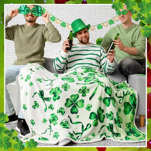 Breling Valentine's Day St. Patrick's Throw Flannel Blanket Double-Sided Printing Green Four-Leaf Clover Red Heart Throw Blanket with Holiday Themed Print for Gift Couch Sofa Bed Home Decor 60"x50"