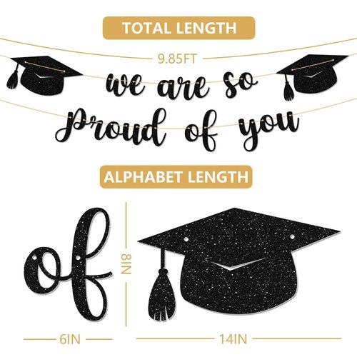 Qumic Graduation Decorations - 10 ft Black We are so Proud of You Banner, Black Graduate Banner, Happy Grad Supplies, Graduation Decorations for Middle School, High School, College