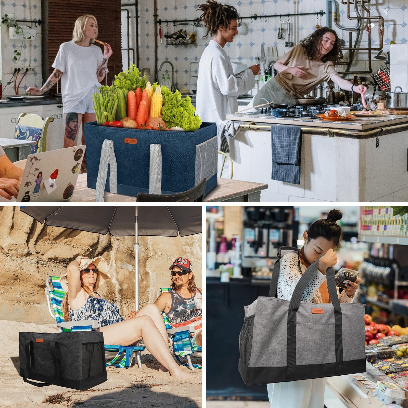 MHOMER Reusable Upright Grocery Bags Extra Waterproof Large Utility Tote Bag with Carrying Handles Foldable Shopping Bags Reinforced Bottom and Side Durable Oxford Fabric Classic Carbon Black