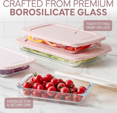 Cook With Color 8-Piece Glass Baking Dish Set with Lids - Deep Casserole & Food Storage, Oven Safe, Pink