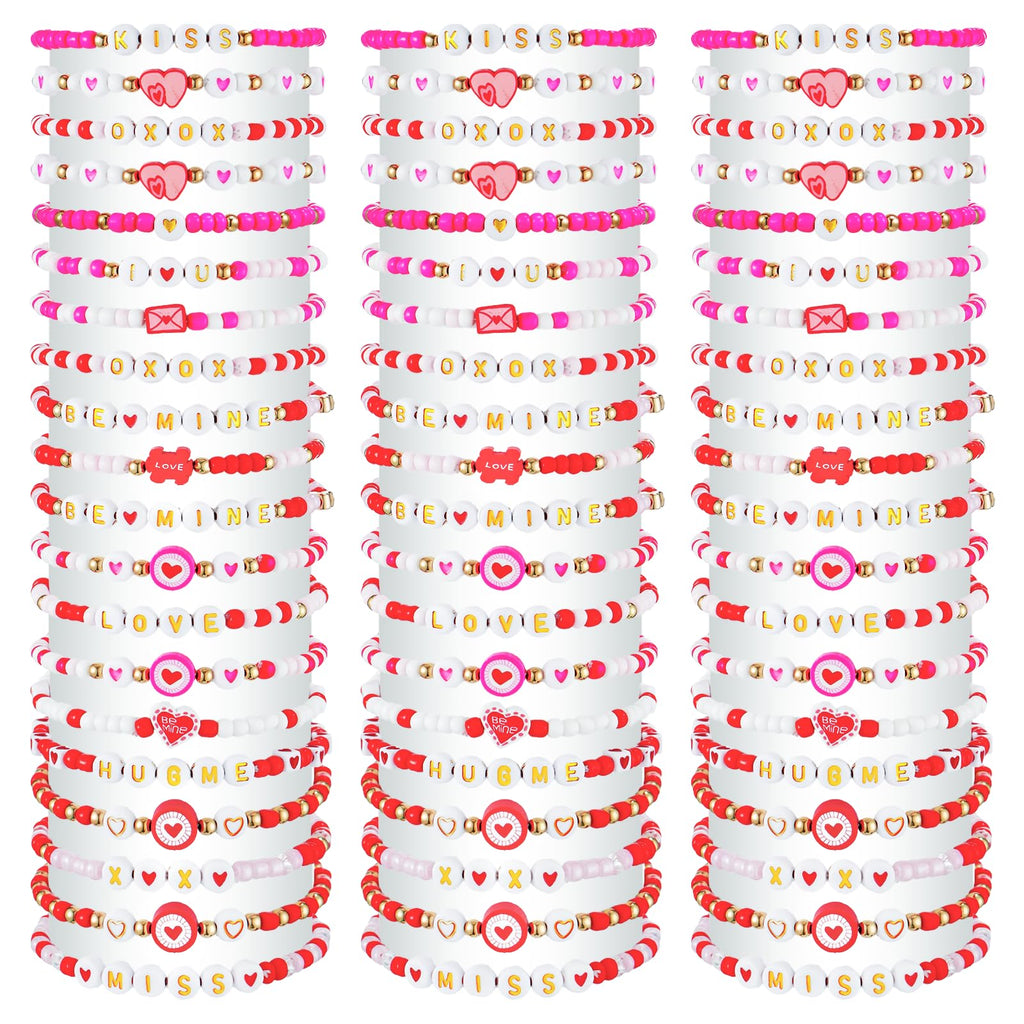 yesaior 60 pcs Valentine's Day Bracelets Bulk Colorful Friendship Adjustable Beaded Bracelets Bulk Women's Clay Surfer Heishi Jewelry for Women Men Gift Party Supplies (Valentine's Day)