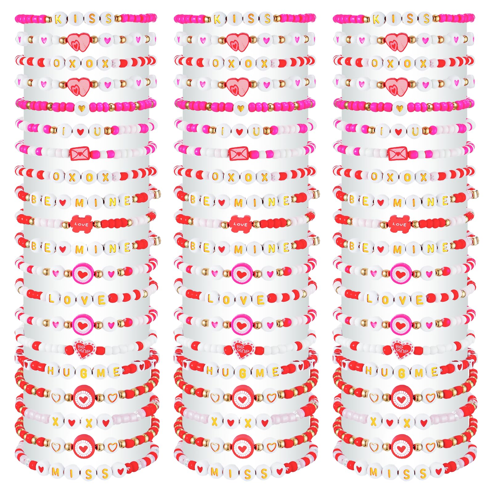 yesaior 60 pcs Valentine's Day Bracelets Bulk Colorful Friendship Adjustable Beaded Bracelets Bulk Women's Clay Surfer Heishi Jewelry for Women Men Gift Party Supplies (Valentine's Day)