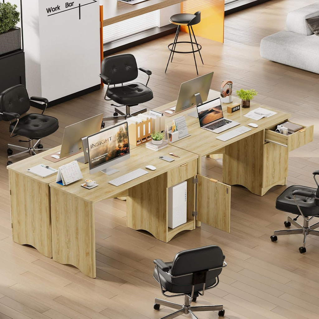 Bestier 47-Inch Fluted Computer Desk - Modern Wood Office Desk with Drawer & Storage Cabinet in Natural Oak