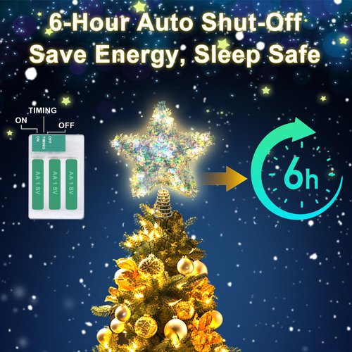 LAWOHO Christmas Tree Topper Star, Exquisite Christmas Decor, 10 Inch Shiny Iridescent Christmas Tree Decoration with 6H Timer, 20 Warm LED Lights for Xmas Tree, Holiday & Party, Indoor Decor