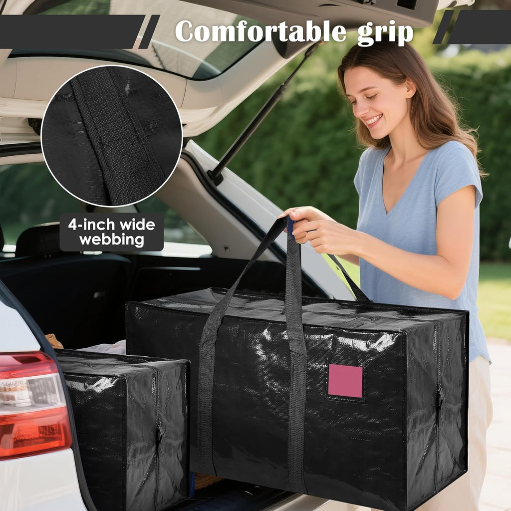 Skiennix Extra Large Heavy Duty Moving Bags - Moisture-Resistant Storage Bins with Reinforced Zipper & Wide Handles | Black, 6 Pack