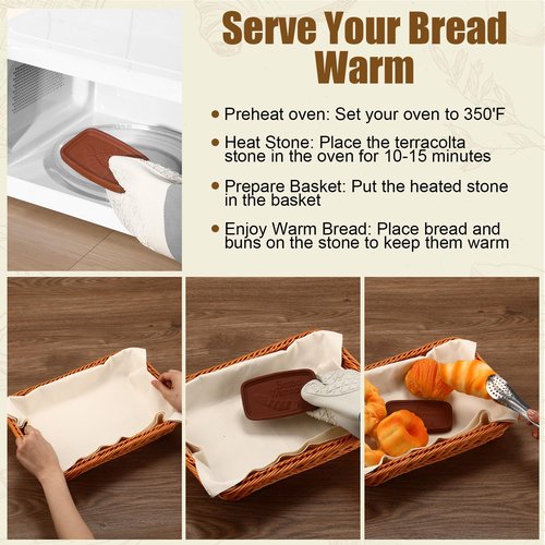 LemonRoad 14 x 10 x 6 Inch Bread Warmer Basket with Stone Sets Includes 1 Linen Towel 2 Bread Basket with Lid 3 Clay Warmer Stones for Winter Daily Camping Food Warming Housewarming Gifts