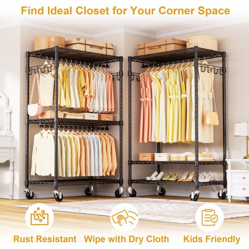 ULIFHOME P1 Rolling Clothes Rack, Portable Wardrobe Closet with Wheels, Heavy-Duty Closet Clothing Rack for Hanging Clothes, 35.5" W x 15.7" D x 80.5" H, Hold 500lbs, Black