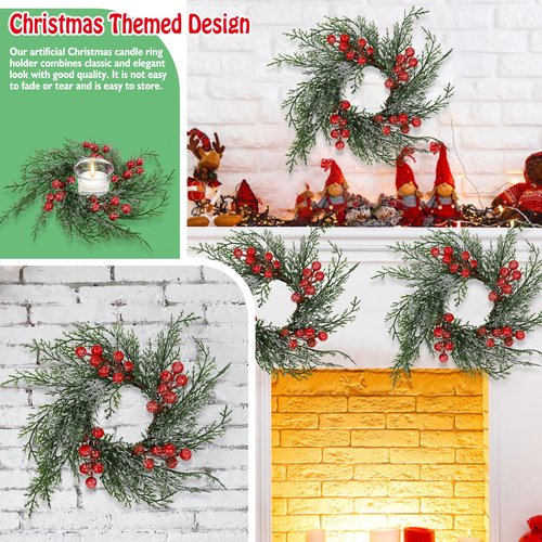 Serlvan 6 Pcs Christmas Candle Rings Wreath Artificial Candle Rings with Red Berry, Snowy Pine Garland Candle Ring Holder for Christmas Decorations Table Centerpiece