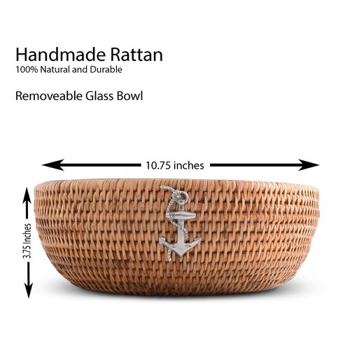 Vagabond House Handmade Eco-Friendly Rattan Serving Bowl with Pewter Anchor and Removable Glass Dish - Classic Stylish Fruit Basket for Kitchen, Ideal for Beach House Fruit Salads and Fruits