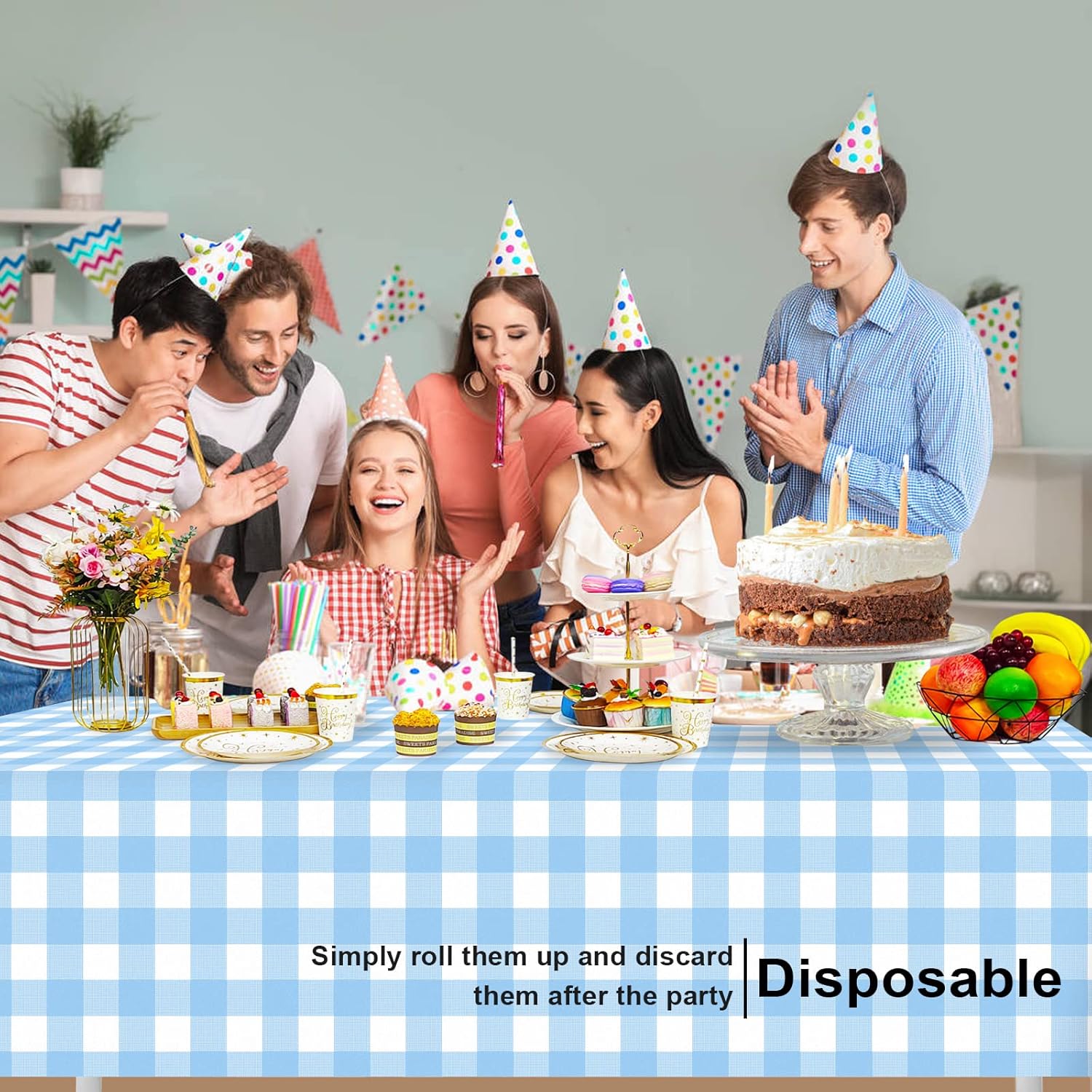 Skiennix Blue Checkered Tablecloth - 6 Pack Disposable Waterproof Gingham | 54 x 108 Inch for Parties & Picnics