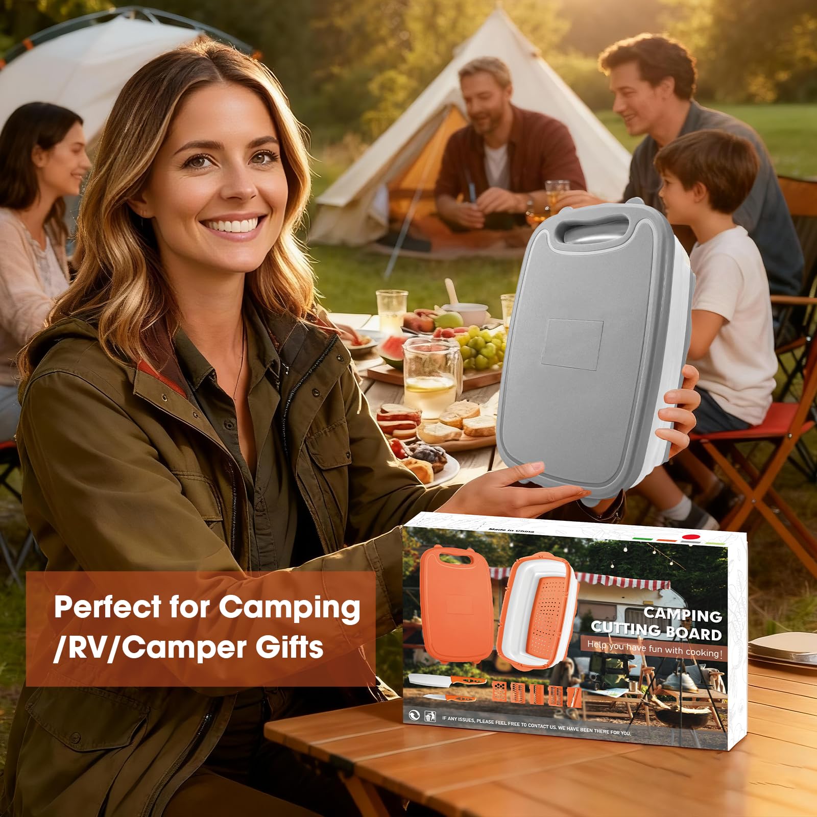 Gintan Camping Cutting Board, 9-in-1 Collapsible Chopping Board with Colander, Outdoor-Kitchen Vegetable Washing Basket for Campers, Camping Gifts Camping Accessories for RV Campers (Gray)