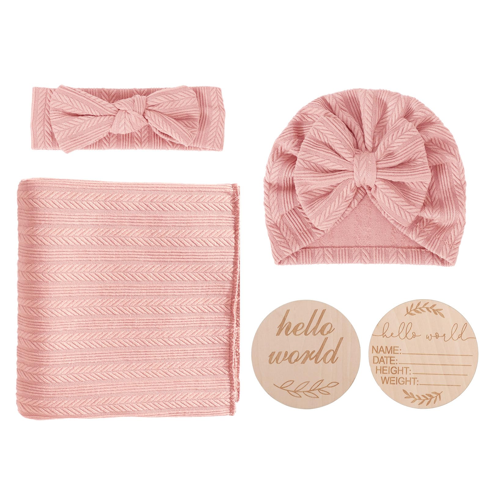 DRESHOW BQUBO Baby Swaddle Blankets for Girls, 4PCS Newborn Accessories Set with Matching Hat and Bow Headband with Card