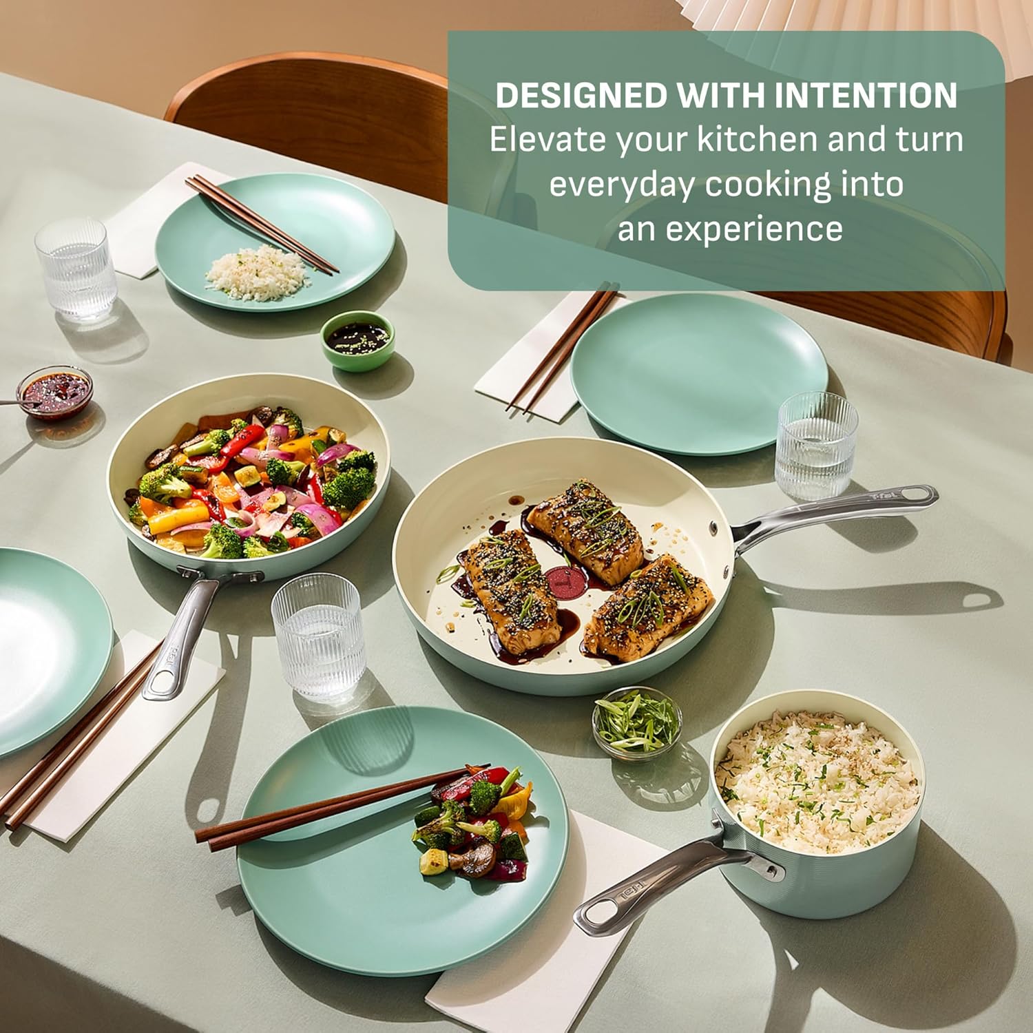 T-Fal Inspire Nonstick Ceramic Cookware Set - 10-Piece, Oven Safe to 500°F, Mint Green Pots & Pans