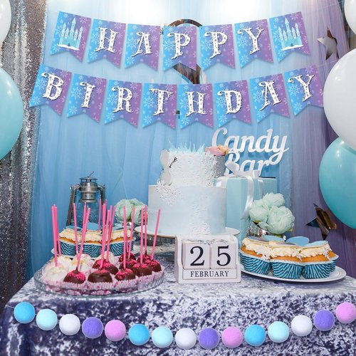 Fanfanwin Snowflake Birthday Banner Set - 5 Pcs Blue Snowflake Design with Felt Castle Decor | Winter Holiday Party