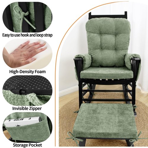 Glyzia 5 PCS Glider Rocker Replacement Cushions with Storage Side Pocket, Luxuriy Chenille Fabric Foam & Microfiber Filling, Thickened & Supportive Rocking Chair Cushion Set, Light Green