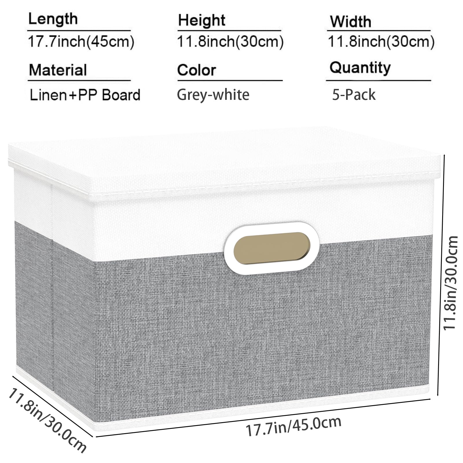 Yawinhe Fabric Storage Bins with Lids, Decorative Boxes with 2 Metal Handles, Waterproof Cube Organizer Basket, Closet Containers, White/Gray, 17.3''Lx11.8''Wx11.8''H, 5-Pack