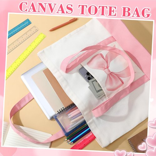 Sanwuta 12 Pcs Coquette Pink Bow Preppy Canvas Tote Bags for Women Valentine Day Large Aesthetic Canvas Bag with Pocket Reusable Grocery Shopping Tote Gifts for Work Beach Travel
