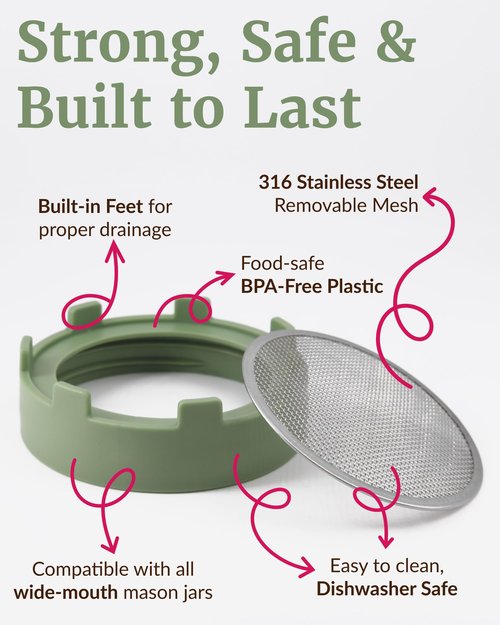 Elementi Sprouting Lids for Wide Mouth Mason Jars (Set of 4), Sprouting Jar Kit for Organic Alfalfa & Mung Bean Sprouts Growing Kit, 316 Stainless Steel Mesh Screen Strainer Lid (Sage Green)