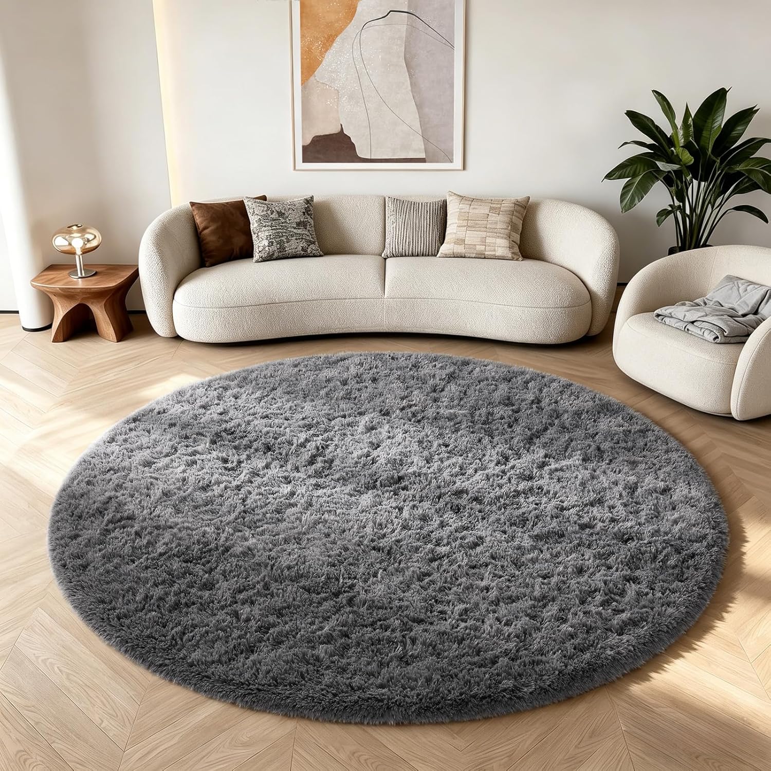 Ophanie Round Rug - 6Ft Grey Circle Area Rug | Fluffy Plush Shag Carpet for Bedroom & Nursery Decor