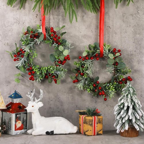 Daifunli Mini Wreaths - 8 Pcs 10 Inch Christmas Candle Rings with Red Berries & Eucalyptus Decor