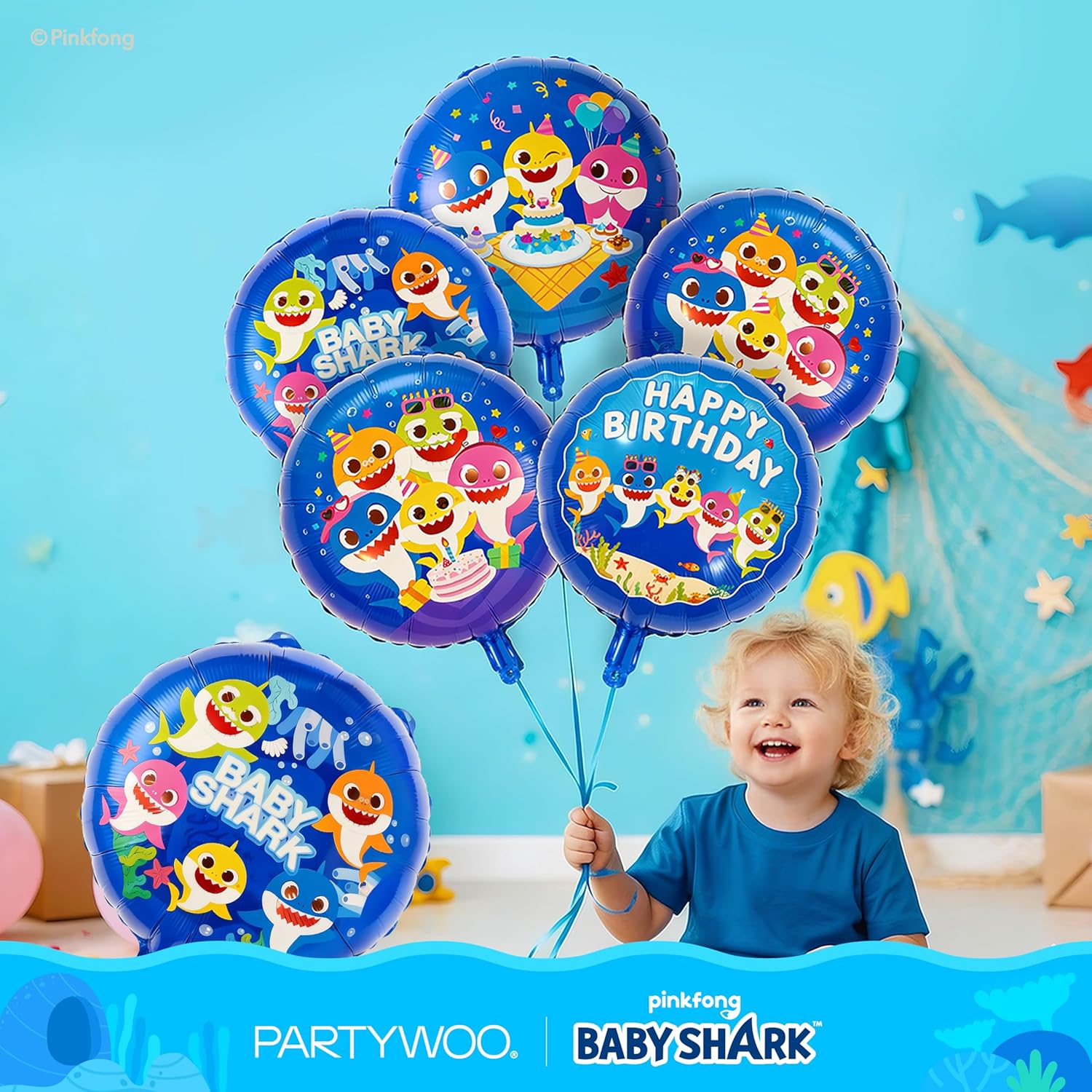 PartyWoo Baby Shark Family Foil Balloons - 13pcs Blue Round & Star Mylar Helium Balloons for Kids' Birthday Party Decorations