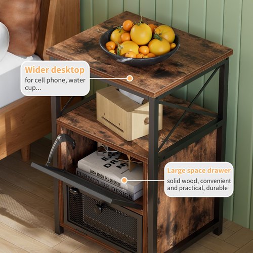 VECELO Nightstand Set of 2, End Table with Flip Drawer, Modern Night Stand for Bedroom,Living Room, Office, Easy Assembly, Walnut Brown