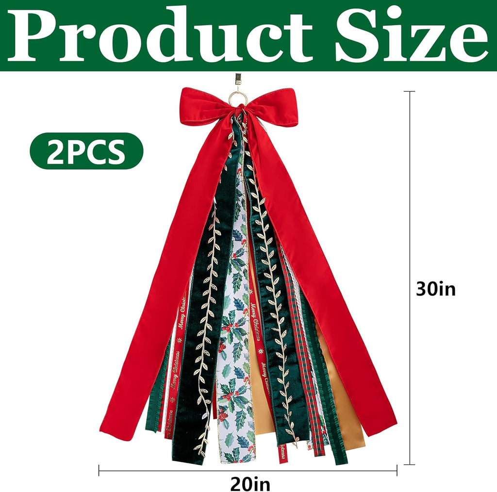 RunNico Christmas Ribbon Bow Set - 2 Pcs Assorted Clip-On Wreath Ribbons | 30'' x 20'' Red & Green Decor
