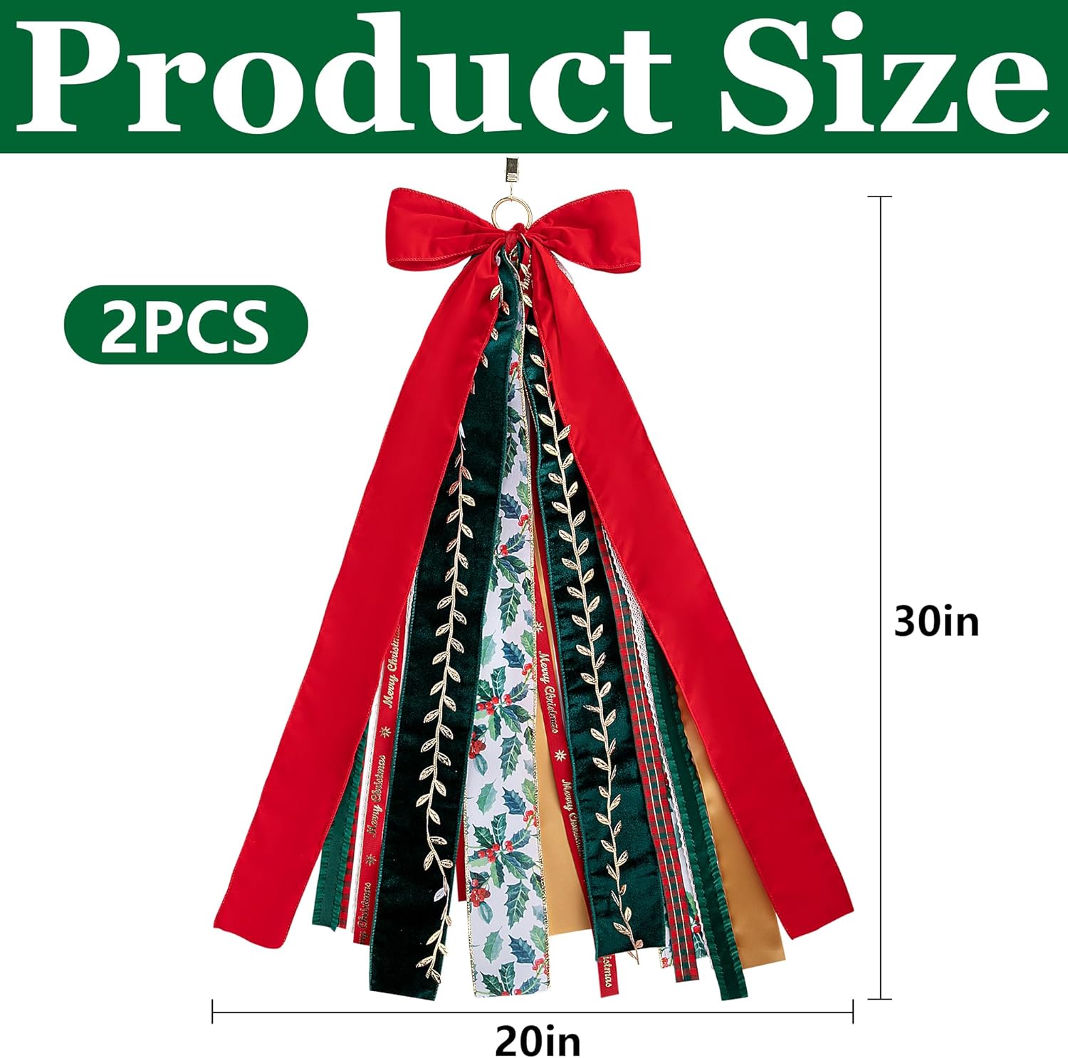 RunNico Christmas Ribbon Bow Set - 2 Pcs Assorted Clip-On Wreath Ribbons | 30'' x 20'' Red & Green Decor