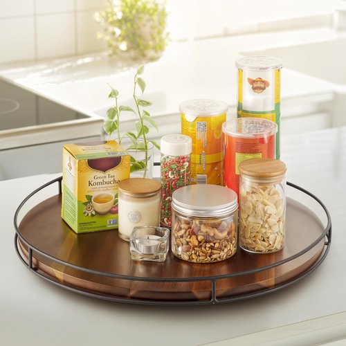 TIDITA 18" Acacia Wood Lazy Susan Turntable with Metal Frame - Large Brown Lazy Susans Organizer Countertop Storage - Wooden Serving Tray for Charcuterie Cheese Board - Kitchen Counter Rotating