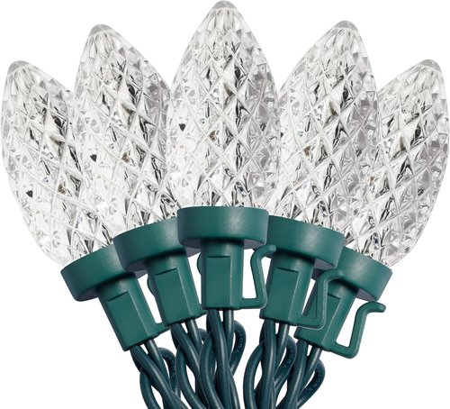 C9 Christmas Lights - 50 LED Faceted String Lights | 24.5 FT Connectable, UL Certified, Cool White for Indoor/Outdoor Use